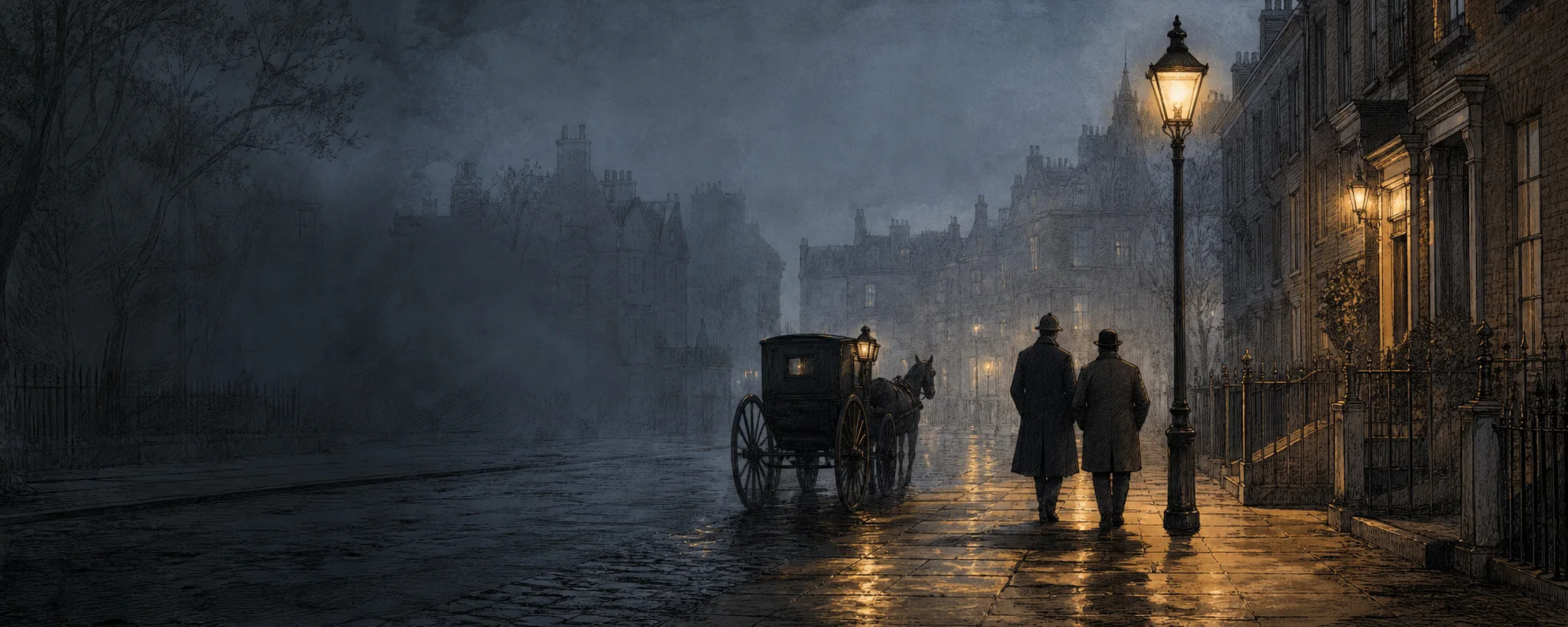 Sherlock Holmes and Dr. Watson walk along gaslit Baker Street on a foggy evening.