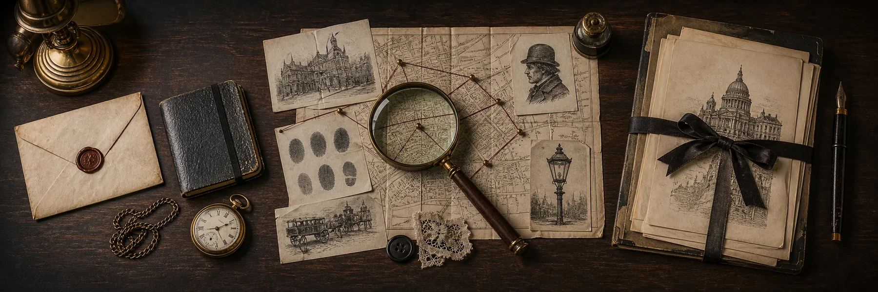 A Victorian evidence desk arranged from sealed case notes through connected clues to a completed dossier.