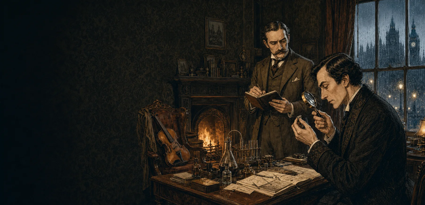 Sherlock Holmes examines a clue with Dr. Watson in the sitting room at 221B Baker Street.